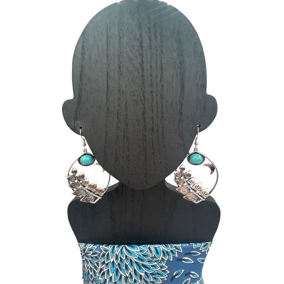 2/$24 Boho Vintage Silver Leaf & Moon Drop Earrings With Turquoise Stone Accents - Picture 7 of 9